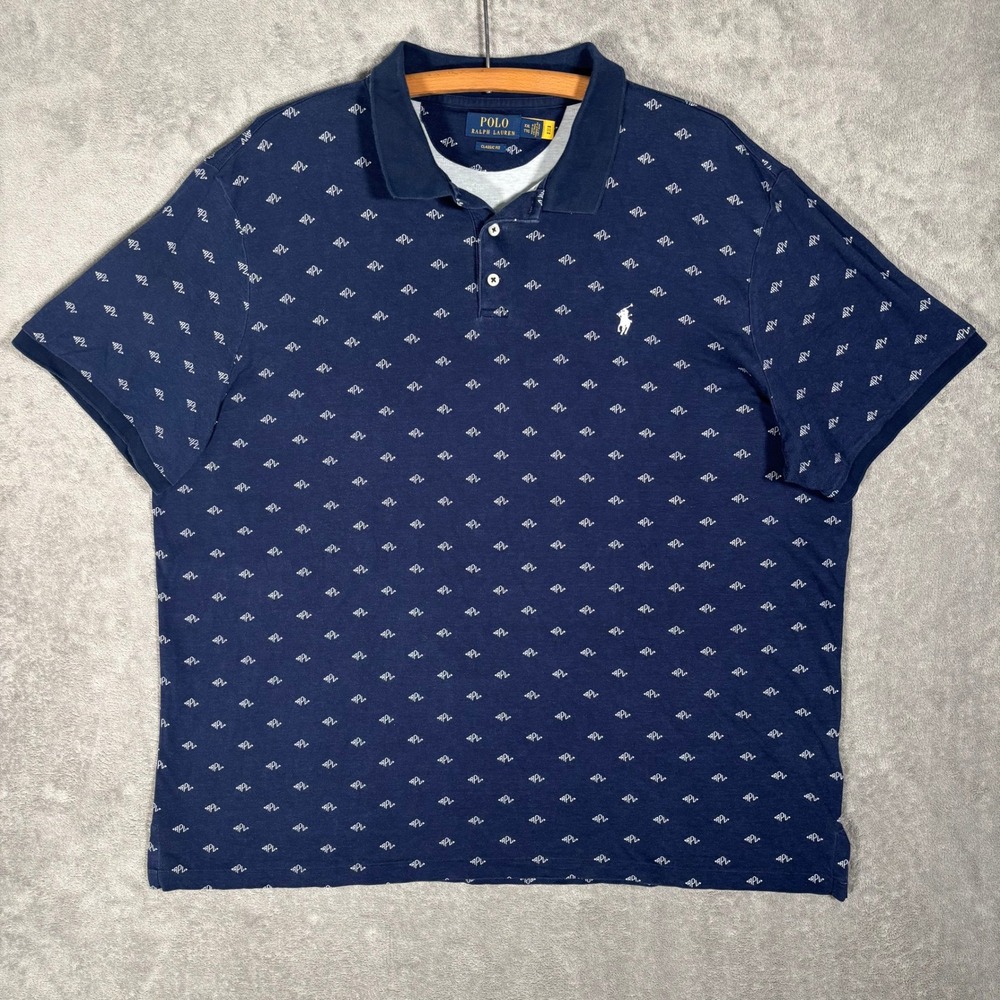 Polo Ralph‎ Lauren Mens XXL Classic Fit Navy Blue Monogram AOP Polo Shirt